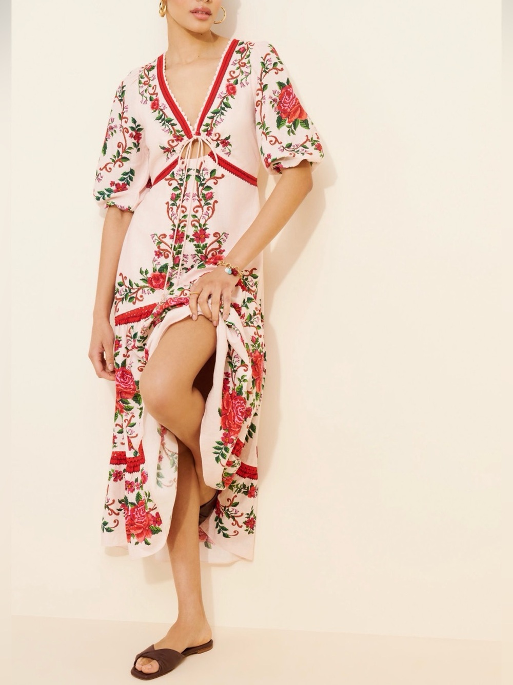 FARM Rio Pink Floral Embroidered V-Neck Maxi Dress SZ Medium - Picture 2 of 10